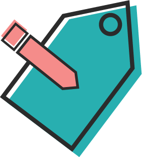 pink pencil writing on blue tag 